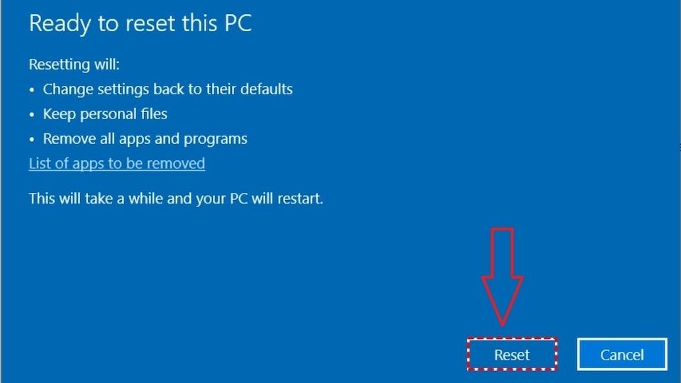 Cuối cùng xác nhận bước làm với tùy chọn reset của hệ thống
