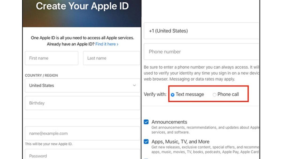 Điền các thông tin cá nhân và chọn phương thức xác thực khi tạo tài khoản iCloud trên web