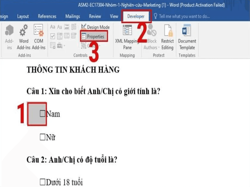 Cách chèn dấu tích trong Word bằng chế độ Developer