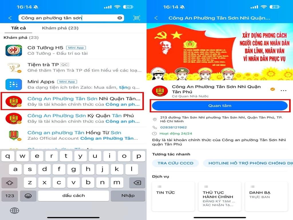 Giới thiệu tiện ích Zalo trong tra cứu thông tin công an phường
