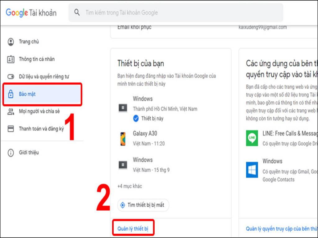 Truy cập vào quản lý tài khoản Google
