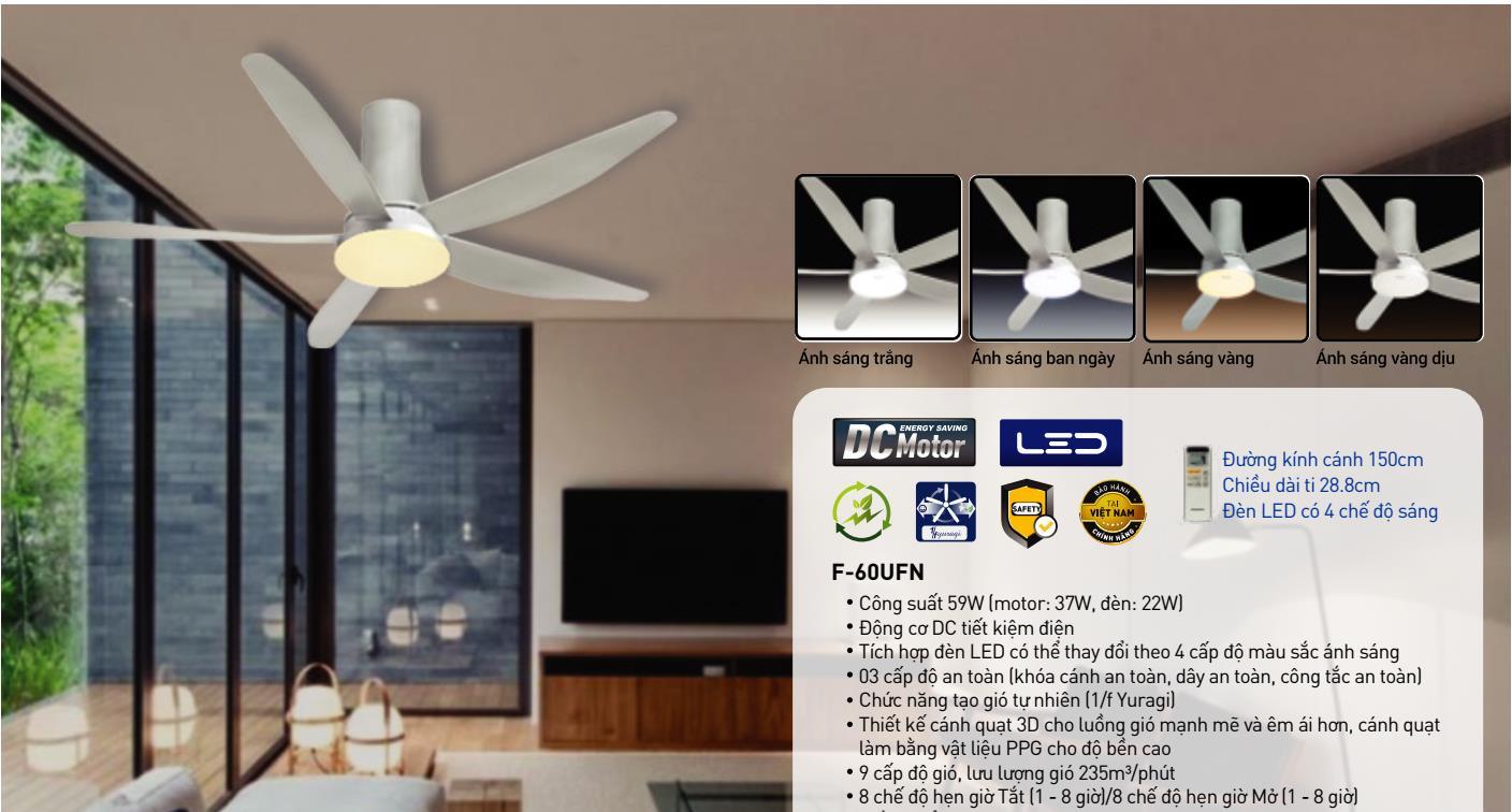 Quạt trần 5 cánh Panasonic F-60UFN đèn LED,có điều khiển - Malaysia-2