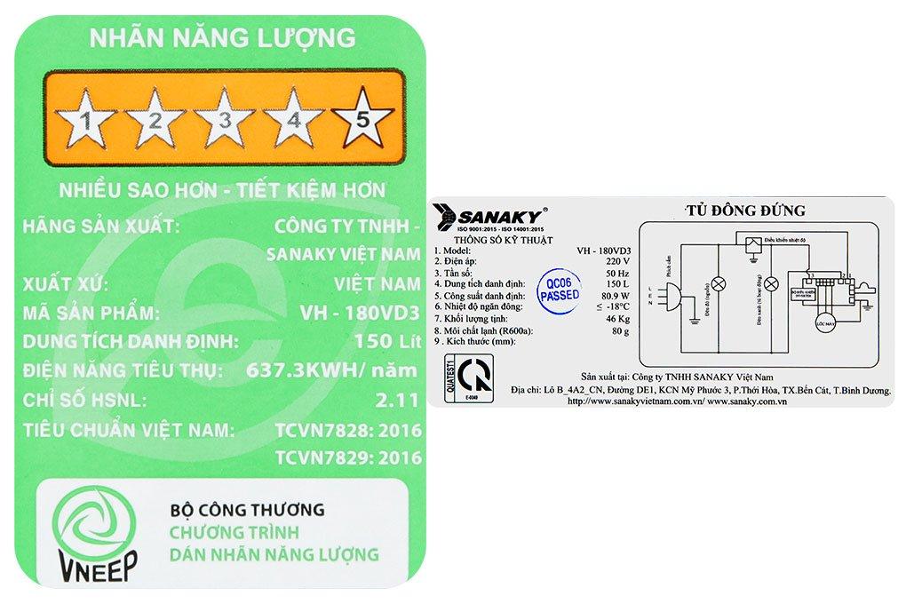 Tủ đông đứng Sanaky Inverter 150L VH-180VD3-4